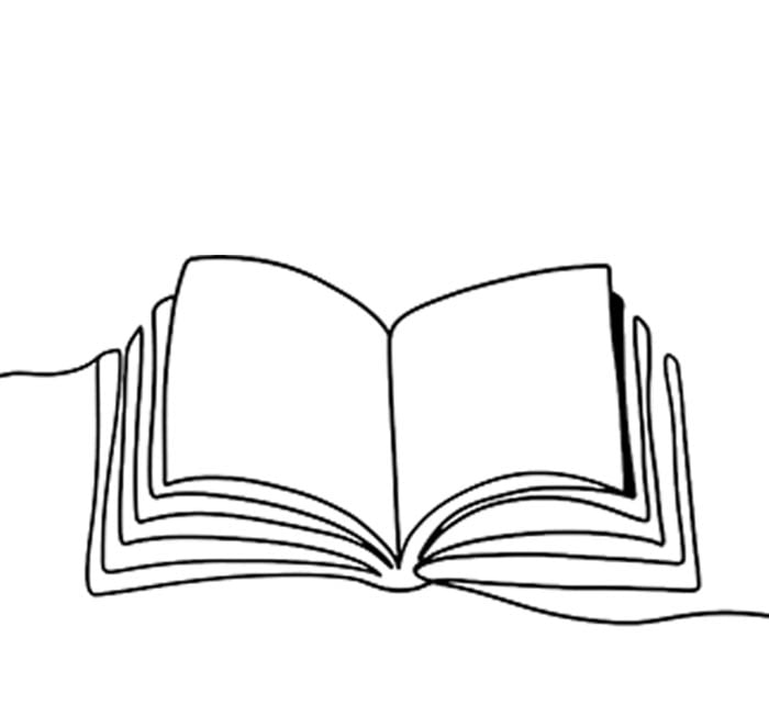 Line drawing of an open hardbound book.